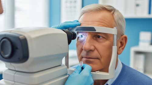 Eye examination with medical equipment.